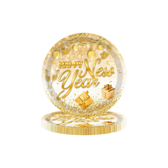 TanSiDing 16pcs Disposable Party Tableware Set Happy New Year Design Gold Foil Accent Elegant Paper Plates Cups Napkins for Holiday Celebration Dinner