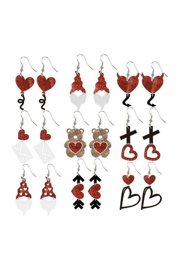 18pcs Valentine's Day Ring Set, Gothic Punk Glitter Heart Earrings, Hypoallergenic Metal Hooks, Dark Romance Accessories for Party Date Night