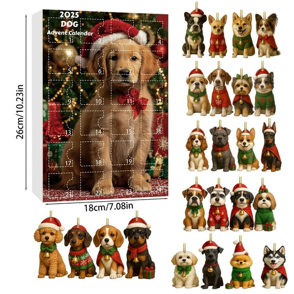 TanSiDing 1pcs Dog Advent Calendar -24Pcs 2D Festive Breeds Ornaments - Advent Calendar for Pets with Reusable Ornaments, Idea for Dog Lovers Pet Parents and Families