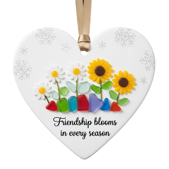 TanSiDing 1pcs Handmade Sea Glass Friendship Heart Ornament - Unique Beach Glass Keepsake Pendant for Best Friend Gifts, Christmas Tree Decor, Sister Present