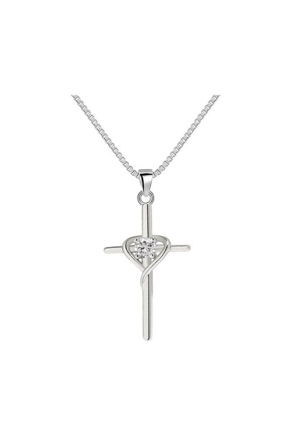 1pcs Heart Necklace with Cross Pendant, Elegant Zirconia Gemstone Jewelry, Dainty Box Chain for Women, Gift for Her, Valentine's Day Present, Sterling Silver Look