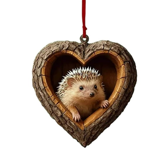 TanSiDing 1pcs Heart-Shaped Woodland Animal Christmas Ornament - Resin Tree Hollow Decor with Realistic Wildlife Details for Holiday Home Decoration and Festive Gift 8cm