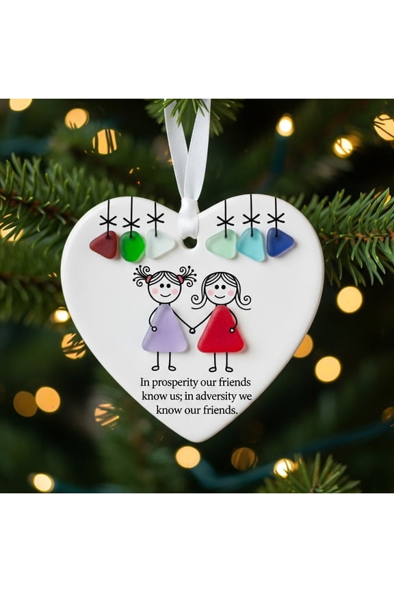 1pcs Sea Glass Friendship Heart Ornament Handmade Beach Glass Keepsake Pendant for Best Friend Gift, Sister Christmas Tree Hanging Decoration