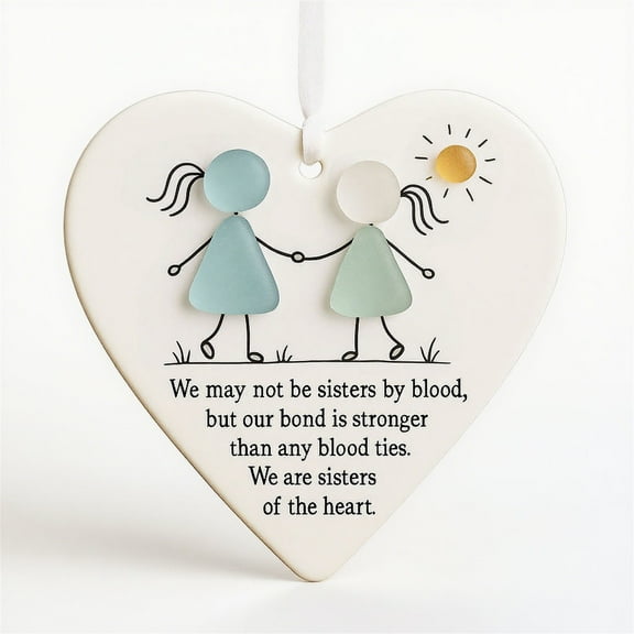 TanSiDing 1pcs Sea Glass Heart Friendship Ornament Handmade Beach Keepsake Gift for Sister Best Friend Christmas Tree Hanging Decor 8cm