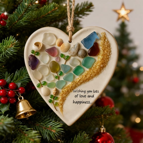 TanSiDing 1pcs Sea Glass Heart Ornaments, 2D Acrylic Christmas Decorations, Shatterproof Holiday Hanging Accents for Tree, Home, Office Festive Decor