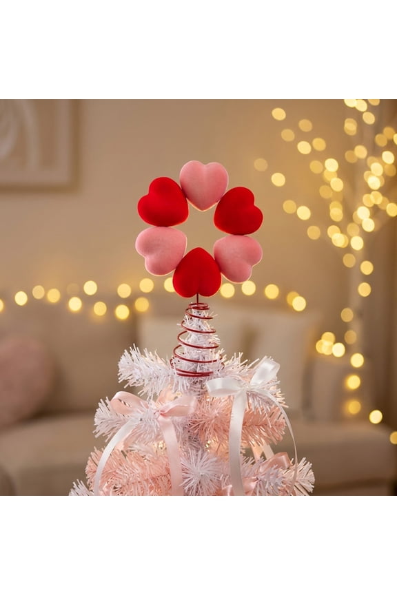 1pcs Valentine's Day Heart Tree Topper Flocked Ornament Romantic Decor for Home Party Wedding Christmas Celebration Polyester Festive Decoration