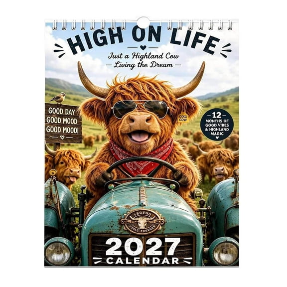 TanSiDing 2027 Cow Wall Calendar Funny Scottish Cow Monthly Planner with Positive Quotes Farm Themed Home Wall Decor