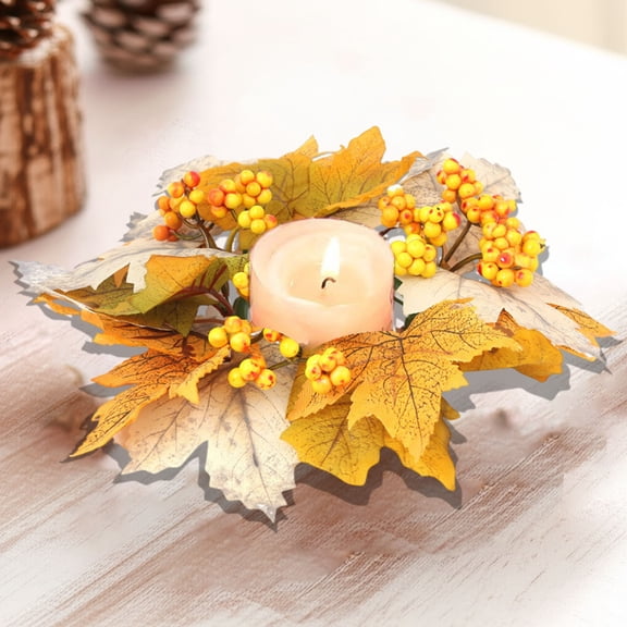 TanSiDing 2pcs Autumn Maple Leaf Wreath Candle Holder - Realistic Fall Decor with Pumpkins & Berries, Durable Plastic for Halloween Thanksgiving Table Centerpiece Home Mantel Party Decoration