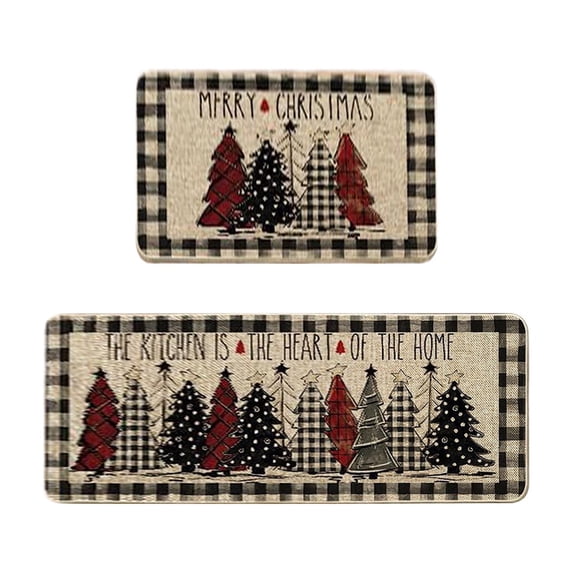 TanSiDing 2pcs Buffalo Plaid Xmas Tree Merry Christmas Kitchen Mats, Winter Home Decor Low-Profile Kitchen Rugs for Floor 40x60cm/40x120cm
