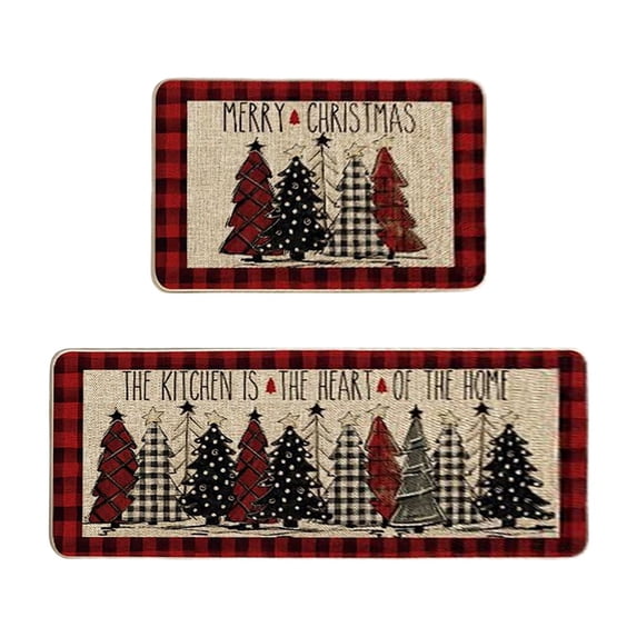TanSiDing 2pcs Buffalo Plaid Xmas Tree Merry Christmas Kitchen Mats, Winter Home Decor Low-Profile Kitchen Rugs for Floor 40x60cm/40x120cm