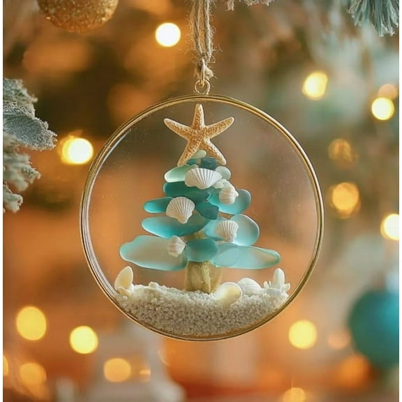 TanSiDing 1pcs Sea Glass Christmas Tree Ornament Handmade Beach Theme Holiday Decoration with Shells for Festive Home Decor