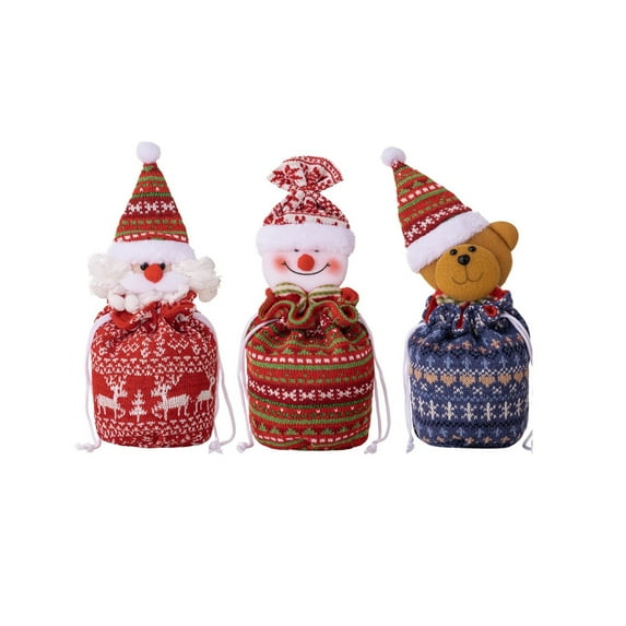 TanSiDing 3pcs Christmas Small Drawstring Bag Xmas 3D Doll Gift Bags Mini Christmas Apple Cookie Candy Holiday Treat Bag for Stockings Party Supplies Decor 11*6in