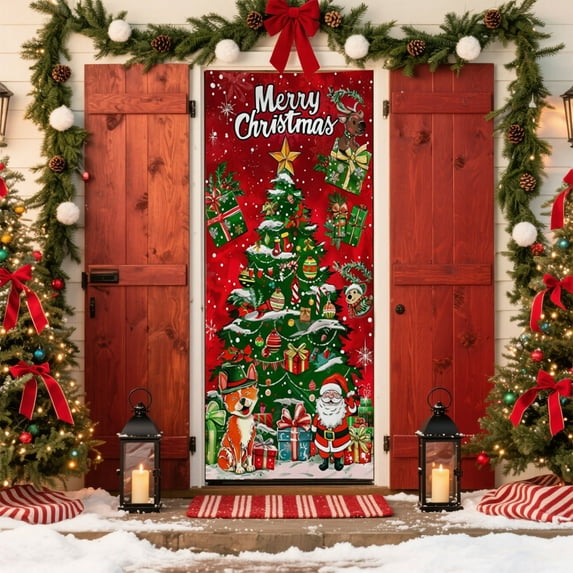 TanSiDing 3pcs Santa Claus Christmas Door Cover Decoration Holiday Gift Delivery Elastic Spandex Stretchable Festive Party Home Decor 203x91cm