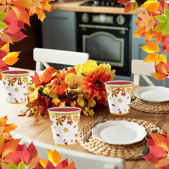 TanSiDing 48pcs Elegant Autumn Leaf Disposable Paper Cups - Festive Thanksgiving Party Drinkware for Fall Gatherings & Holiday Celebrations