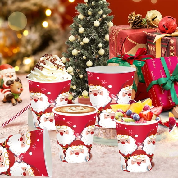 TanSiDing 48pcs Festive Holiday Paper Cups with Santa Snowflake Design - Durable Disposable Party Cups for Christmas Celebrations and Hot Beverages
