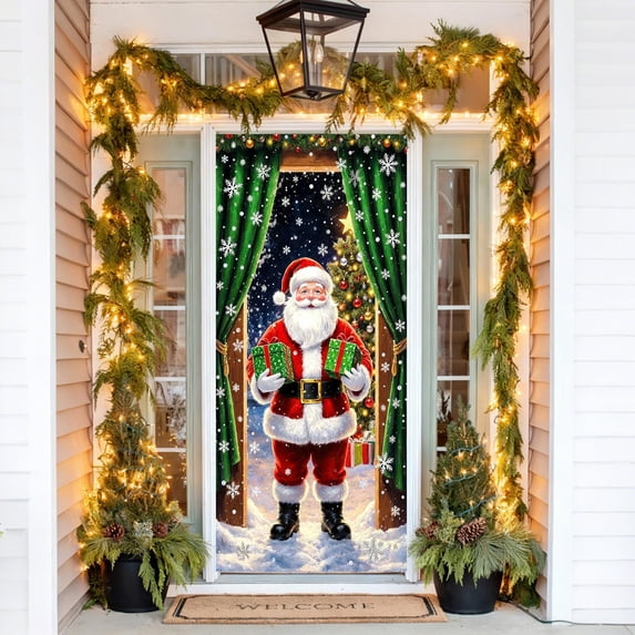 TanSiDing 1pcs Christmas Door Cover Santa Claus Holiday Decoration Polyester Fabric Festive Party Home Decor 90*180cm
