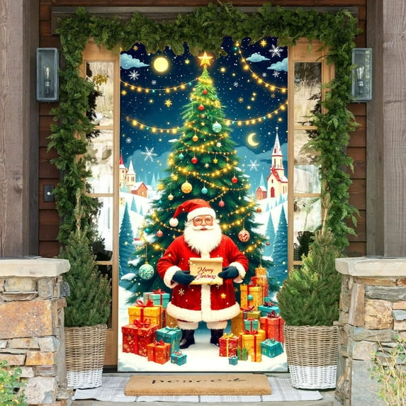 TanSiDing 7.8pcs Festive Santa Claus Christmas Door Curtain Holiday Home Decor Party Decoration Polyester Fabric for Indoor Outdoor Door Wall Multicolor