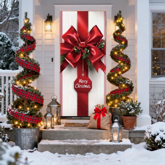 TanSiDing 7pcs Festive Christmas Door Curtain Holiday Decoration with Bow Design for Home Party Decor Multicolor