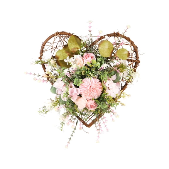 TanSiDing Artificial Heart-Shaped Flower Wall Hanging, Faux Chrysanthemum Door Decor with Rattan Frame, Home Easter Spring Decoration for Living Room Bedroom
