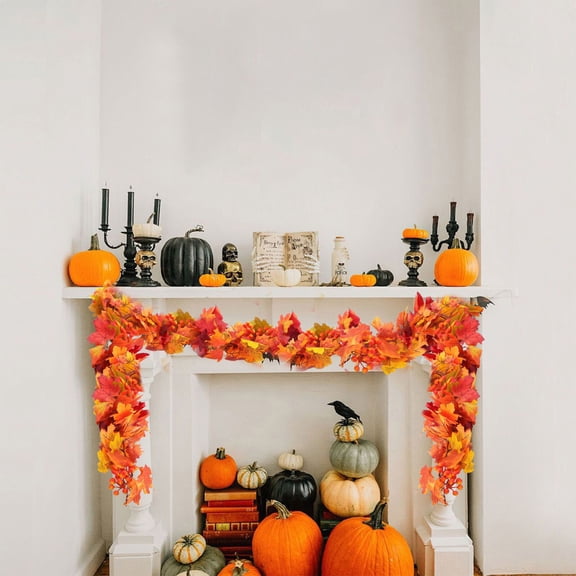 TanSiDing Artificial Leaf Garland Halloween Front Door Wreath Fall Maple Vine Rattan Hanging Thanksgiving Decor for Mantel Wall Home Christmas Party