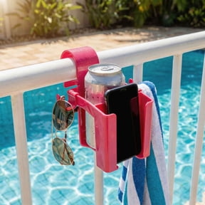 TanSiDing Clip-On Pool Caddy with Cup Holder and Phone Stand, Adjustable Towel Hooks for Above Ground Pools, Heavy Duty Waterproof Poolside Organizer for Sunglasses