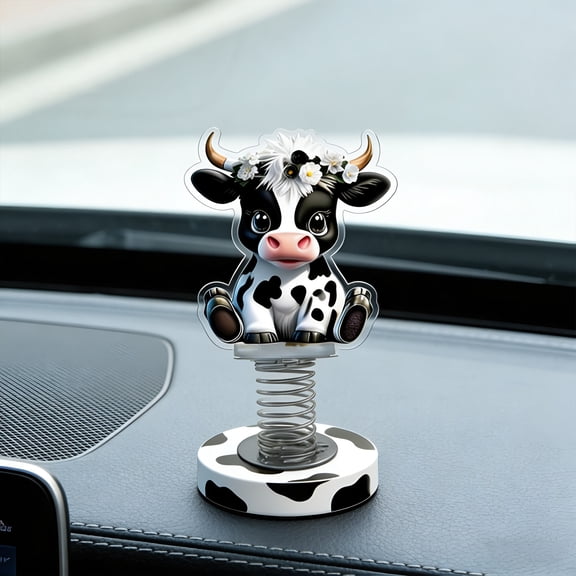 TanSiDing Cute Cow Spring Shaking Ornament, Acrylic Car Dashboard Decor Bobblehead, Funny Miniature Animal Figurine, Vibrant 2D Design Spring Toy for Vehicle Interior Decoration