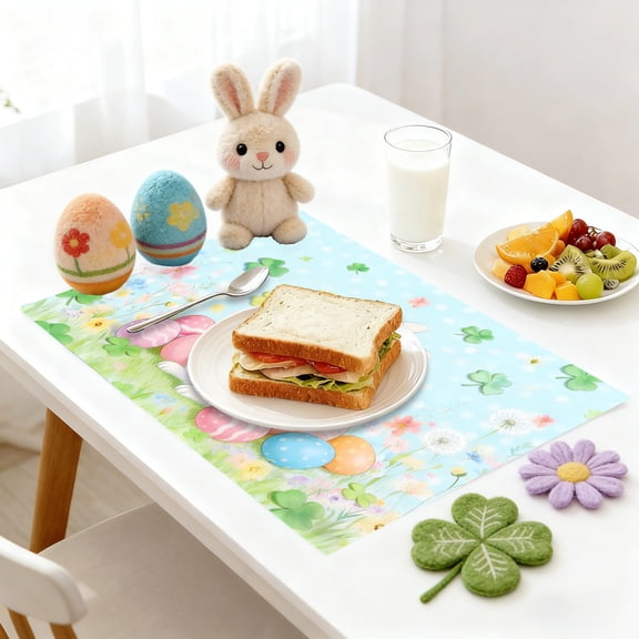 TanSiDing Easter Placemats Set, Waterproof Reusable Polyester Holiday Table Mats for Dining Decor, Rabbit Easter Egg Clover Pattern Party Dinner Table Setting 45*30cm