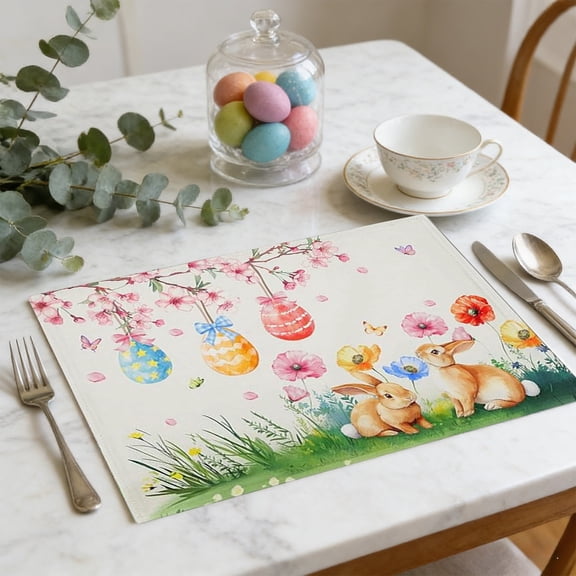 TanSiDing Easter Table Placemats Set, Bunny and Egg Design Washable Linen Place Mats for Holiday Dining Decor, Party Dinner, Kitchen Table Setting 30*45cm
