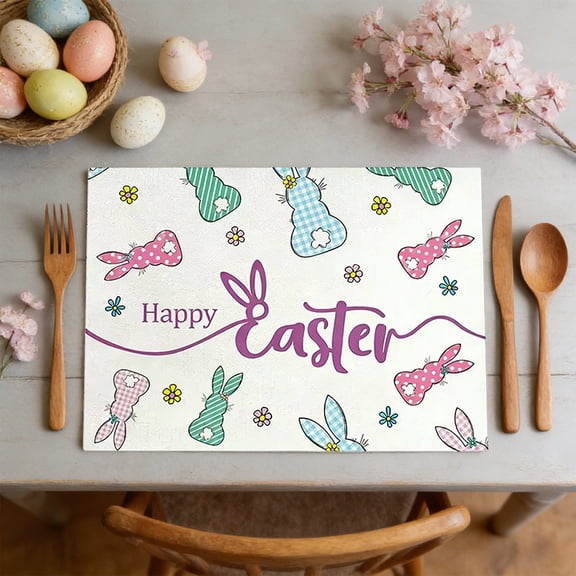 TanSiDing Easter Table Placemats Set, Bunny and Egg Design Washable Linen Place Mats for Holiday Dining Decor, Party Dinner, Kitchen Table Setting 30*45cm