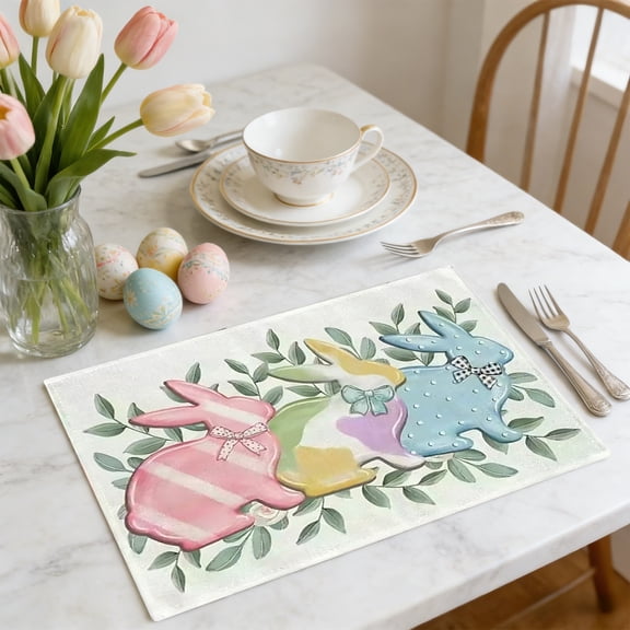 TanSiDing Easter Table Placemats Set, Bunny and Egg Design Washable Linen Place Mats for Holiday Dining Decor, Party Dinner, Kitchen Table Setting 30*45cm