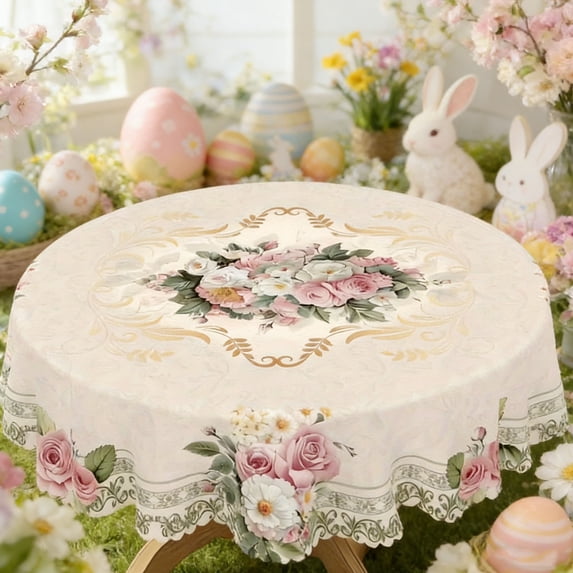TanSiDing Easter Tablecloth Waterproof Washable Bunny Egg Print Decorative Table Cover for Holiday Party Dining Kitchen Decor