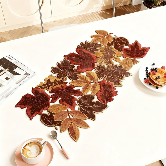 TanSiDing Embroidered Fall Leaf Table Runner Thanksgiving Maple Hollow Cut Table Mat Autumn Season Centerpiece Holiday Party Decor
