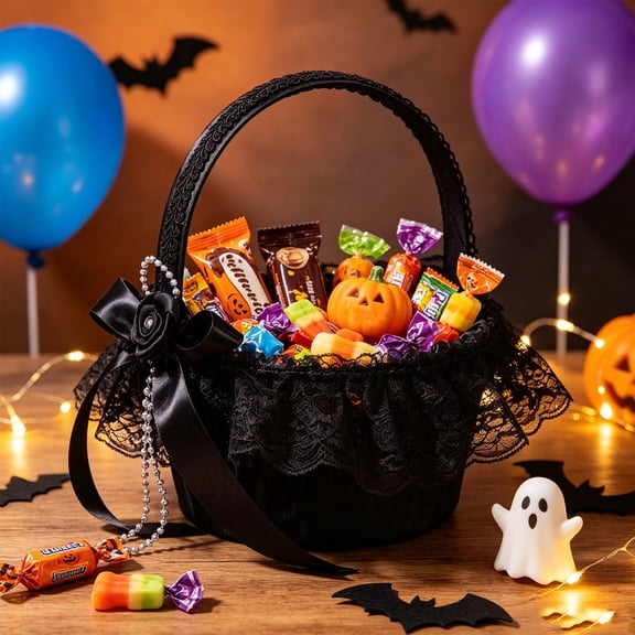TanSiDing Halloween Candy Basket with Black Rose Bow Lace Pumpkin Holder Thanksgiving Fall Decor for Treats Gifts Table Mantel Shelf Party Home Decor