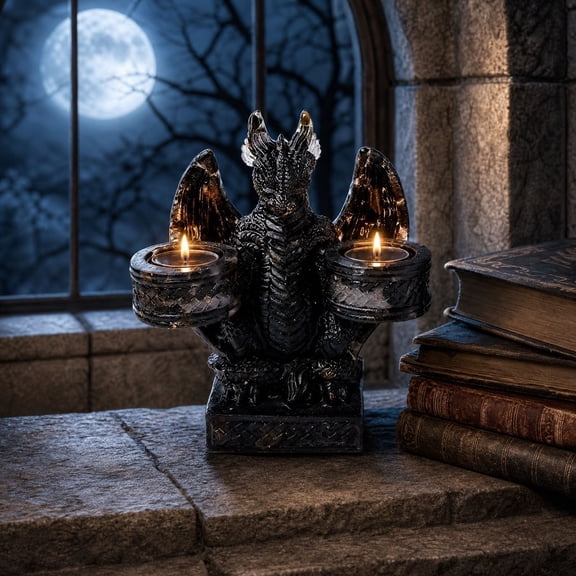 TanSiDing Halloween Gothic Flying Dragon Candlestick Base Natural Stone Ore Decorative Prop Dark Fantasy Dragon Ornament Collectible Table Decor