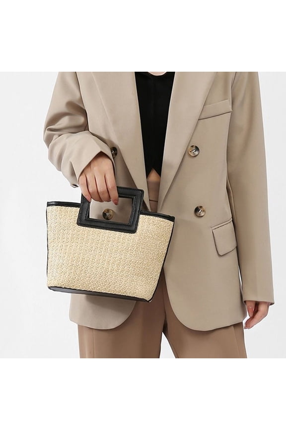 Large Straw Tote Bag for Women, Woven Beach Bag with Square Handle, Lightweight Travel Handbag, Spacious Daily Shoulder Bag for Shopping, Work, Outing