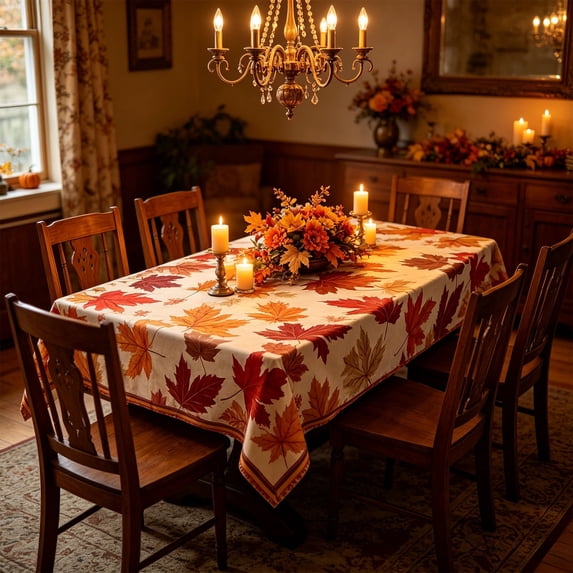 TanSiDing Maple Leaf Waterproof Polyester Tablecloth, 140*140cm Fall Harvest Dining Table Cover, Thanksgiving Party Decor, Spill-Proof Oil-Resistant Easy Clean, Fabric for Kitchen, Home, Restaurant