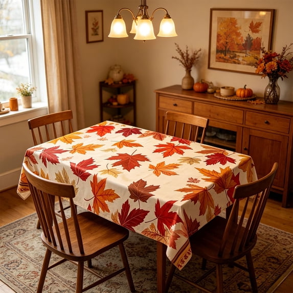 TanSiDing Maple Leaf Waterproof Polyester Tablecloth, 140*180cm Fall Harvest Dining Table Cover, Thanksgiving Party Decor, Spill-Proof Oil-Resistant Easy Clean, Fabric for Kitchen, Home, Restaurant
