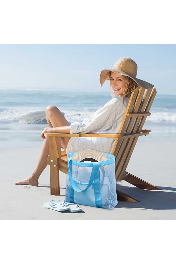 Mesh Beach Bag, Women’s Large Beach Tote with Zipper Pockets, Heavy Duty Swim Bag for Pool, Summer Vacation, Travel, Shopping, and Gym Essentials