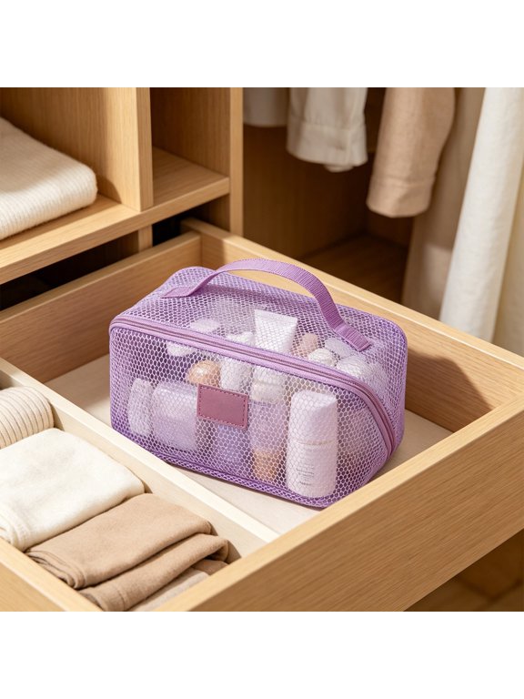 Mesh Travel Toiletry Bag Large Capacity, Lightweight Portable Cosmetic Organizer with Handle, Breathable Double Layer Mesh Storage Pouch for Bathroom Gym Vacation
