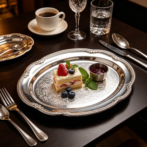 TanSiDing Metal Steak Breakfast Plate, 9.45in Rustic Serving Tray for Dinnerware, Appetizer & Dessert, Sturdy Stainless Steel Platter for Home Kitchen Restaurant