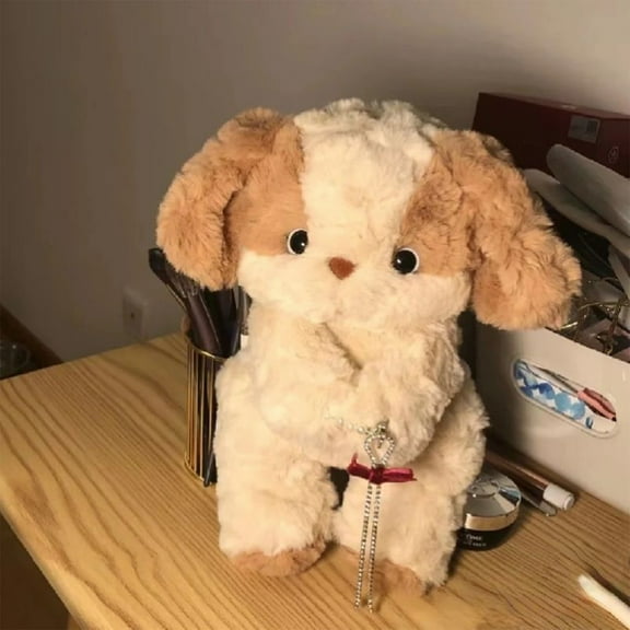 TanSiDing Plush Dog Toy Stuffed Animal Puppy Doll for Sleep Companion, Super Soft Cuddly Stuffed Dog with Red Bow, Realistic Lifelike Plushie Toy for Bedtime, Gifts for Family Holiday Birthday