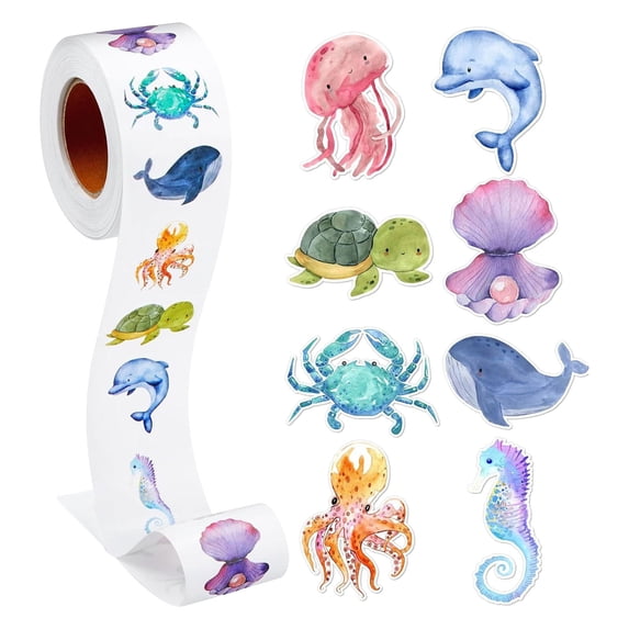 TanSiDing Sea Life Sticker Roll, 500 Pcs Waterproof Vinyl Decals, Reusable Ocean Animal Stickers for Water Bottles, Laptops, Crafts, Scrapbooking, Party Favors, Gifts