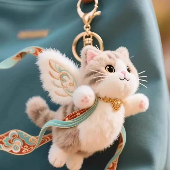 TanSiDing Soft Cloud Ribbon Plush Doll Keychain - Cute Bag Charm Backpack Accessory, Embroidered Fluffy Pendant for Gifts, Kawaii Stuffed Animal Decor