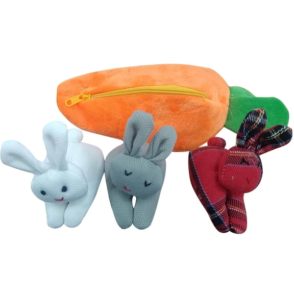 TanSiDing Unzip Surprise Plush Bunny Toy, Carrot Pouch with Hidden Stuffed Animals, Interactive Zipper Learning, Sensory Montessori Travel Gift