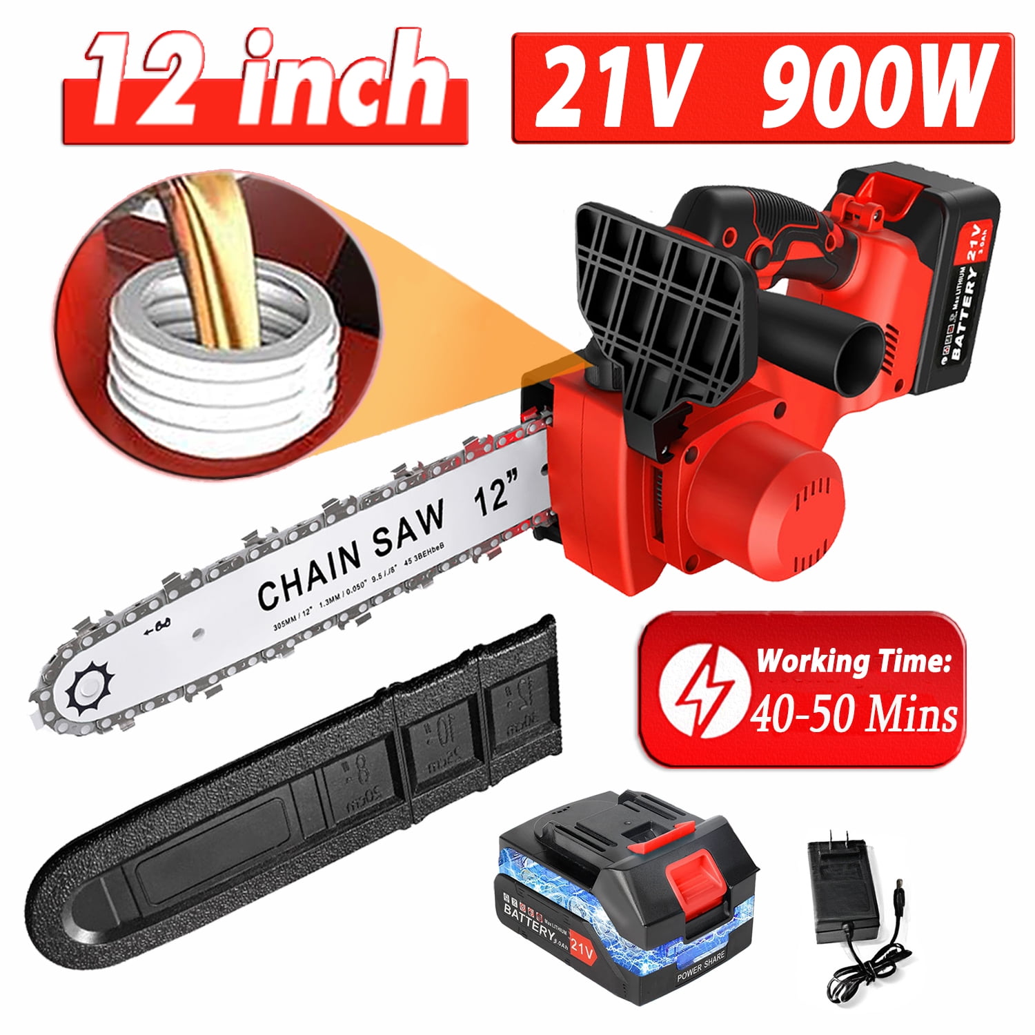 Tanbaby 12" Cordless Chainsaw, 900W Brushless Motor Battery Operated