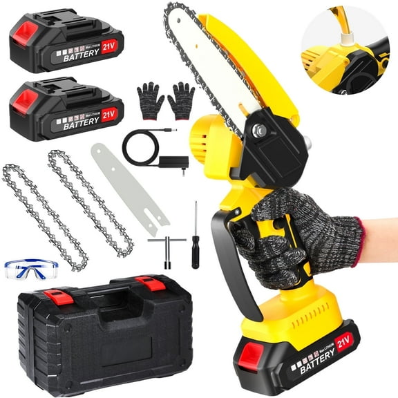 Tanbaby 6 inch Mini Chainsaw, Portable Electric Cordless Chainsaw Set, with 2 Batteries 2 Chains, Small Handheld Chain Saws Pruning for Tree Branches