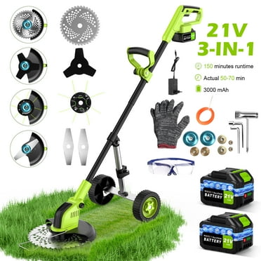 Tanbaby 12 inch String Trimmer, 21V Cordless Electric Edger, 4-in-1 Brushless Motor Weed Wacker Kit, with 800W 3.0Ah Battery*2 & 4 Types Cutting Blades for Lawn and Garden