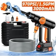 Portable Cordless Pressure Washer, 970PSI Battery Powered Pressure Washer with 6-in-1 Nozzle, 21V/1.3GPM/3000mAh Battery,16.5FT Hose, Electric Power Washer for Car, Floor, Patios