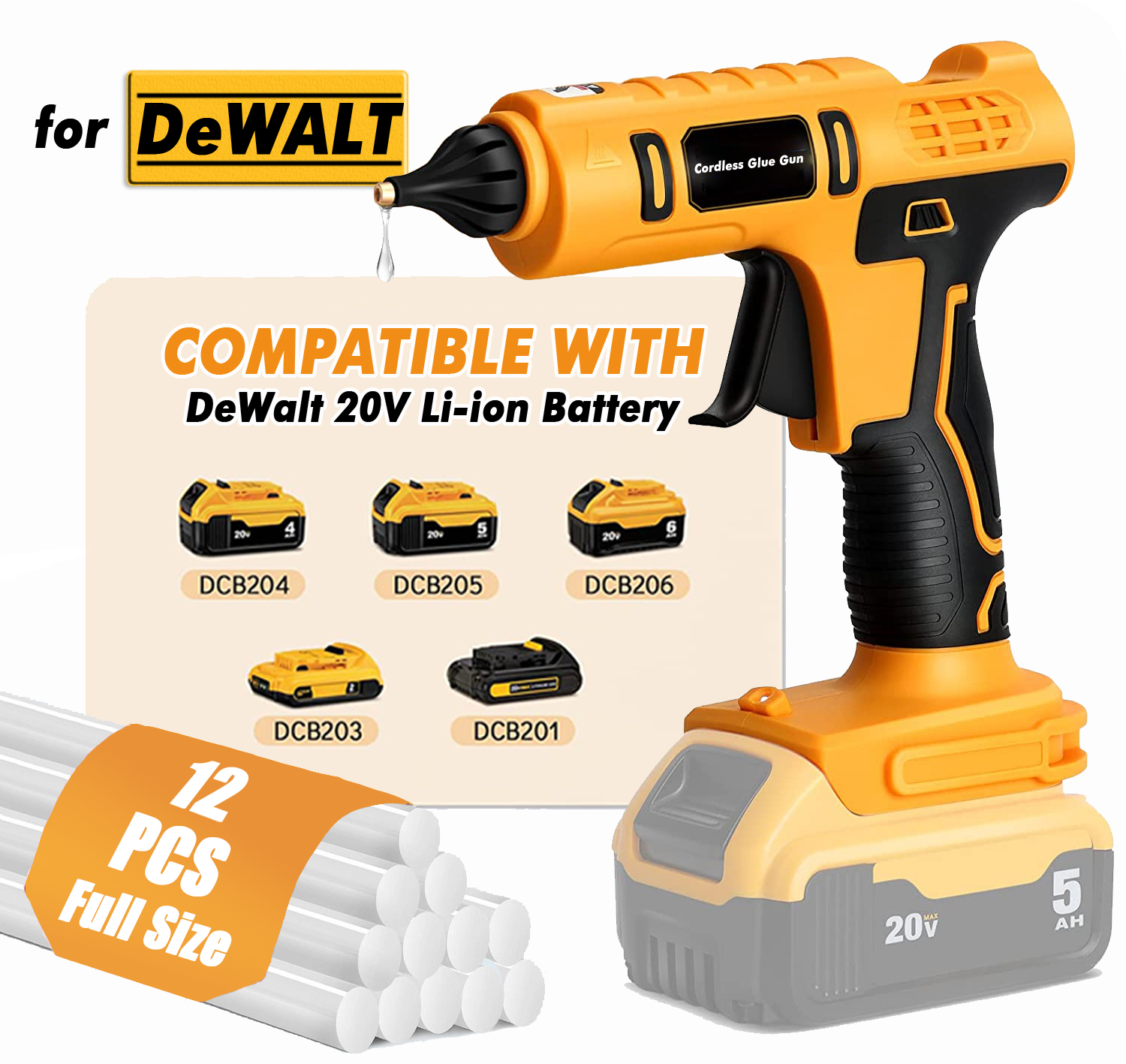 Tanbaby Cordless Hot Glue Gun for Dewalt 20V Max 18V Battery DIY with 12 Pcs Full Size Glue