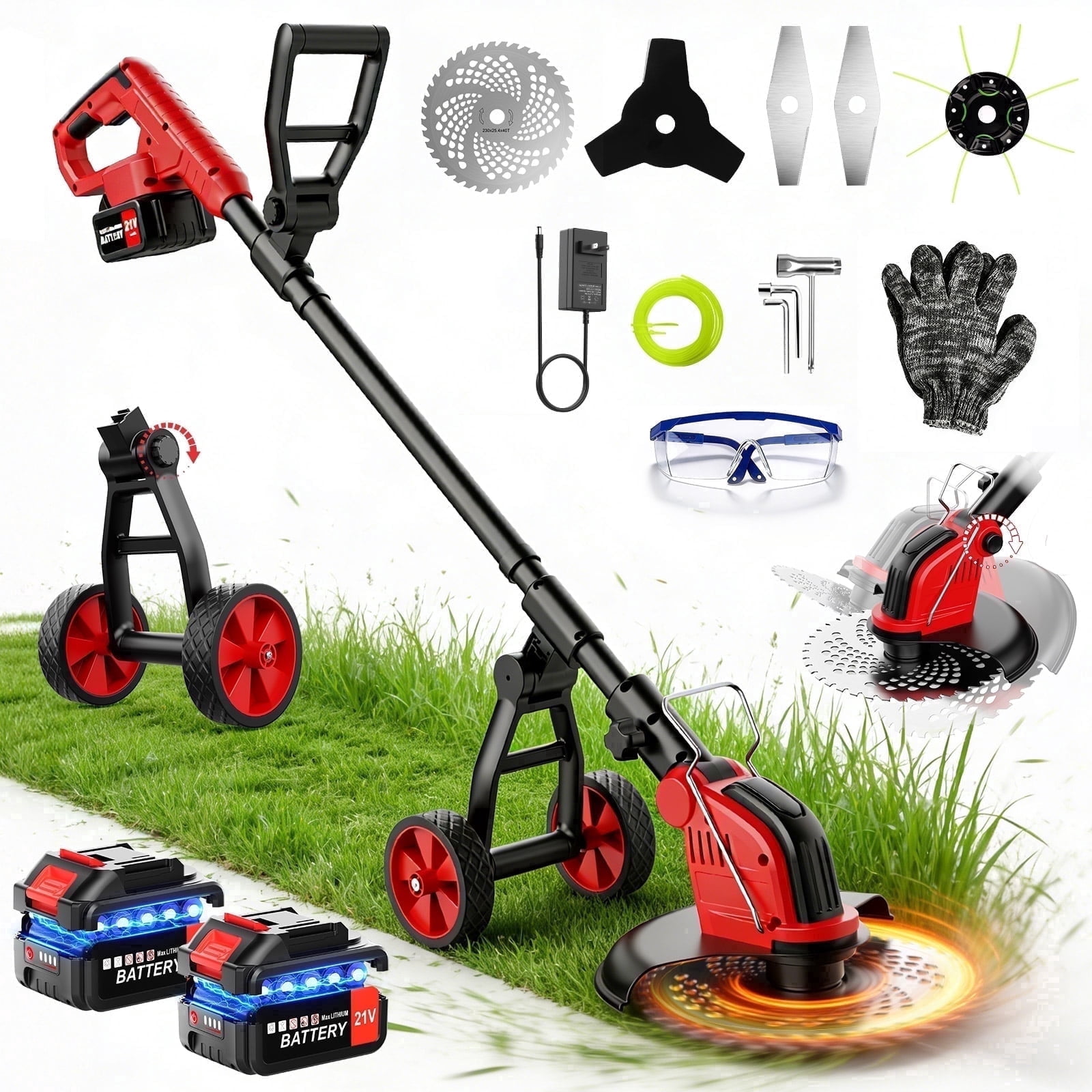 Tanbaby 12-inch Cordless Weed Wacker, Electric Weed eater with Wheels, String Trimmer with two 3.0Ah Batteries & 4 Types Cutting Blades for Lawn Garden Trimming